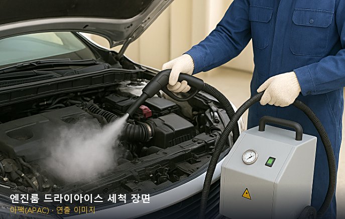 엔진룸 드라이아이스 세척 장면
