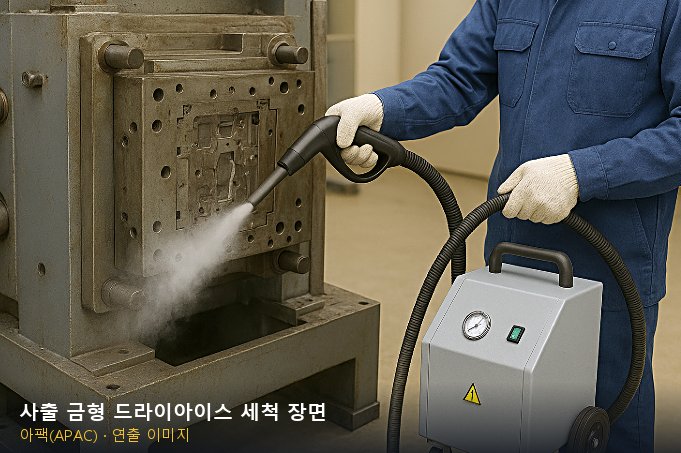 사출 금형 드라이아이스 세척 장면 (연출 이미지)